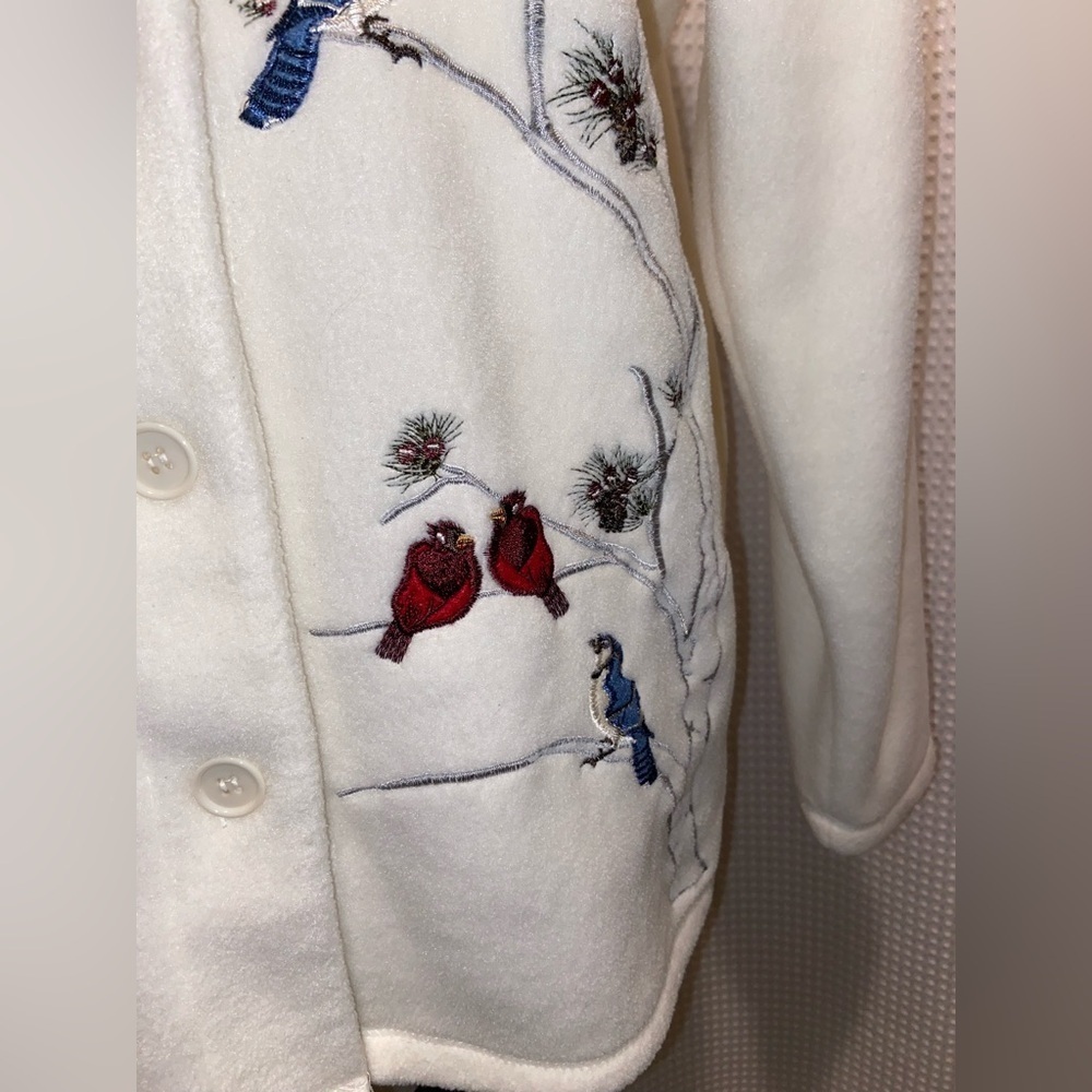 CLASSIC EDITIONS cream Fleece birds embroidery Vintage Cardigan sz medium - Picture 6 of 9